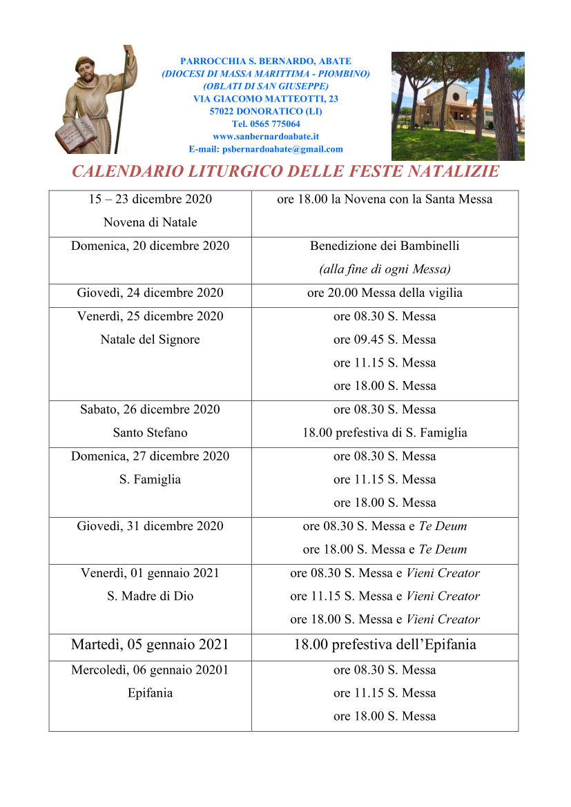 Calendario Liturgico delle Feste Natalizie 2020 a Donoratico